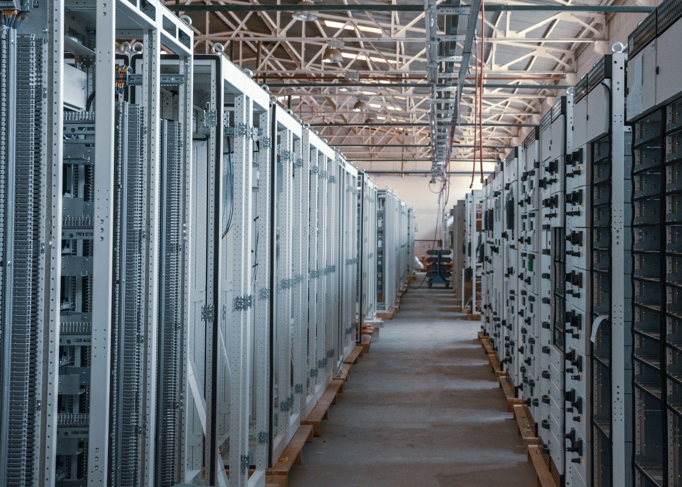 A long aisle of servers in a data centre